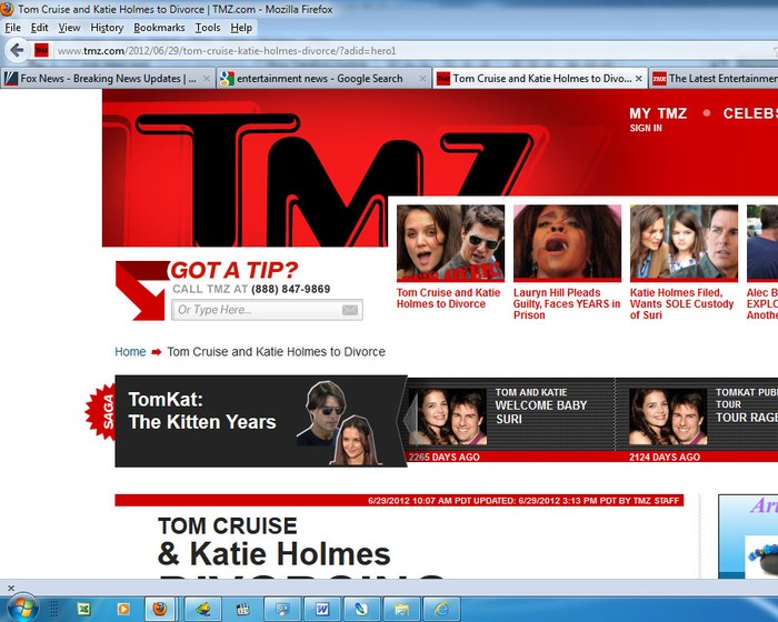 Trang TMZ cập nhật tin li hôn của Tom và Kat ngay trang nhất
